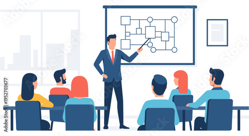 Businessman presenting flowchart to colleagues in modern office meeting room in flat design style with blue color scheme and clean minimalist lighting for corporate training