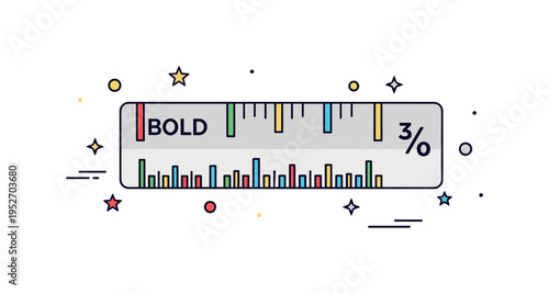 Design scale ruler concept showing a compact ruler with alternating bold and fine tick marks and a small ratio label. A symbolic representation of proportion,