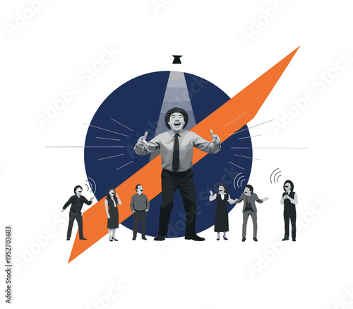 Monochrome group scene with one oversized central figure in a goofy stance while simplified silhouettes around react with laughter, dramatic contrast and