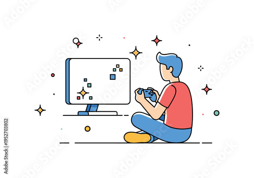 Playing video games immersive gaming session concept featuring a relaxed figure seated with a controller in hand facing a minimal screen with subtle pixel