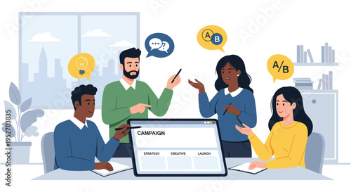 Diverse team brainstorming around laptop in modern office with speech bubbles in flat illustration style for business presentation