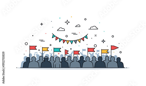 Mass celebration festival atmosphere theme showing a dense crowd silhouette beneath small flag banners and floating sparkle accents. The composition reflects