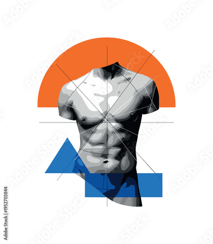 Black and white torso study of figure model cropped at shoulders and hips, bright orange semicircle framing upper body, blue geometric accents balancing lower