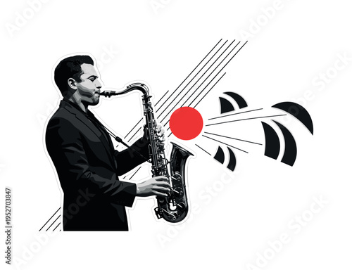 Black and white saxophonist captured in side profile mid-performance, bold red circle centered at the bell of the saxophone symbolizing amplified sound, thin