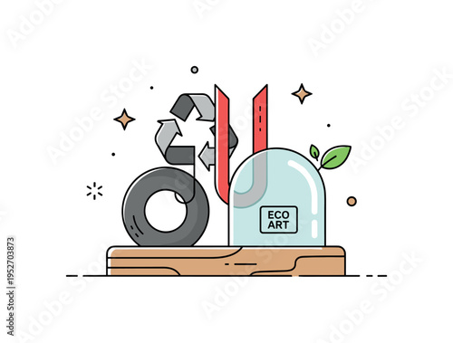 Sustainable art materials wooden base supporting recycled metal shapes and a clear glass element with a small Eco Art label, representing responsible