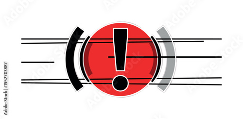Black and white central exclamation mark icon enlarged dramatically, bold red circle perfectly aligned behind it for high contrast urgency, thin