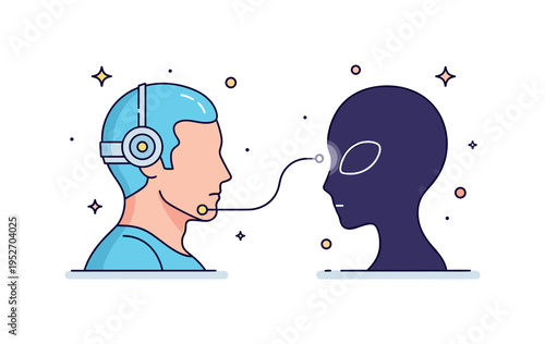 Neural link encounter human wearing a minimalist head device connected by soft glowing line to an alien silhouette, expressing experimental mind to mind