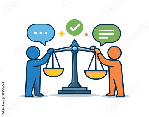 Internal equity resentment workplace resolution illustrated by aligned figures adjusting balance scales together, expressing dialogue, transparency and