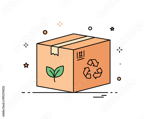 Sustainable packaging concept recycled cardboard box with small green leaf icon and subtle recycle symbol printed on the side, expressing eco conscious