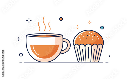 Cozy bakery snack steaming latte in a rounded mug next to a freshly baked muffin with subtle sugar sprinkle accents, expressing warmth, aroma and inviting