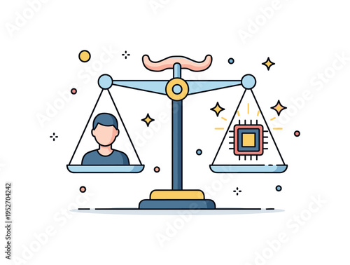 Ethics of human enhancement balanced scale holding a human silhouette on one side and a glowing microchip on the other, expressing the tension