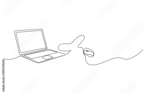 Continuous line design of laptop. Technology device symbol design concept. Minimalist vector illustration of typing on a keyboard and using a mouse for technology and business concepts.