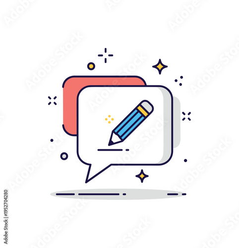 Student feedback constructive criticism concept illustrated by a speech bubble with a small pencil editing mark and subtle sparkle accents. A concise symbol of