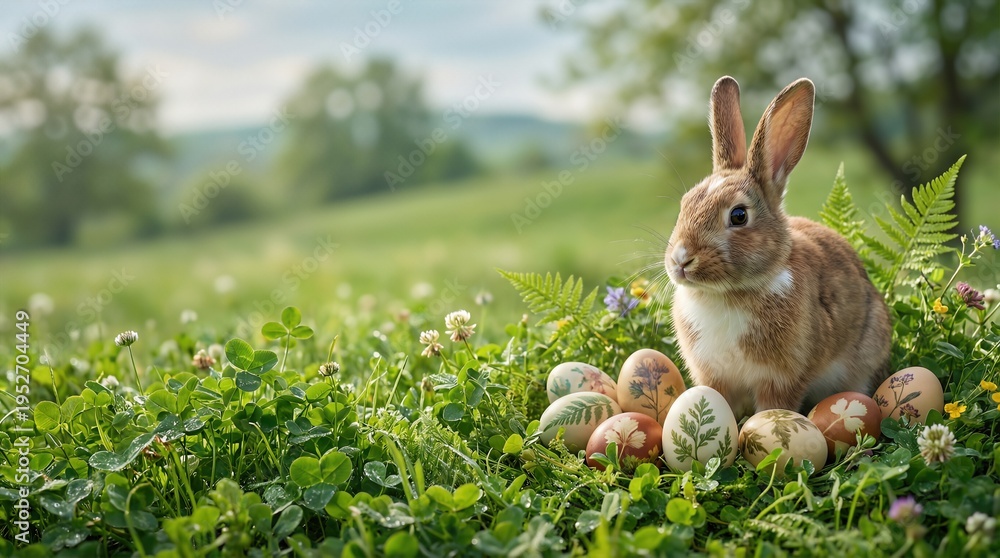 Obraz premium Cute Brown Rabbit With Natural Easter Eggs In Green Spring Meadow Copy Space