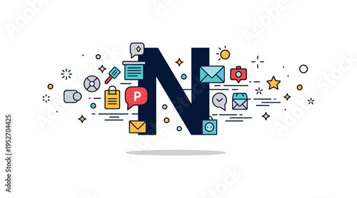 Typography as storytelling device theme featuring a bold initial letter integrated with small narrative icons flowing around it. The composition communicates