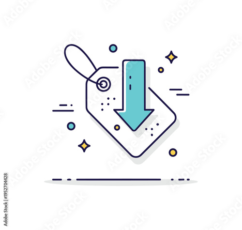 Price drop announcement sticker with downward arrow integrated into the tag shape and subtle sparkle accents, symbolizing reduced cost and attractive deal.