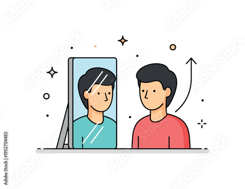 Personal growth reflection featuring a figure looking into a mirror with a subtle upward arrow accent, conveying awareness, honesty, and steady self
