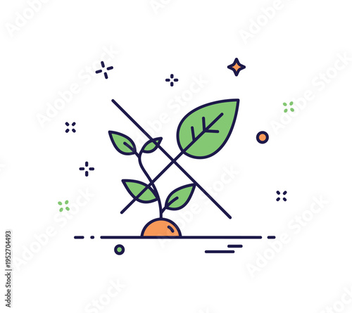 Eco conscious weed control concept featuring a small weed icon crossed by a leaf symbol, symbolizing natural and chemical free gardening practices. A modern