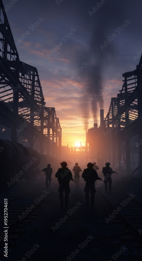 Fototapeta premium Squad of soldier men patrolling through ruined industrial warehouse during sunset. Military conflict in destroyed city. Atmospheric scene of armed troop walking on railway track. War zone.