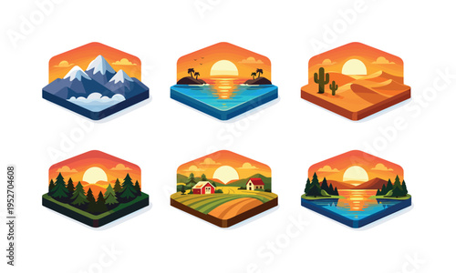 Sunset landscapes. Isometric flat vector icons set of sunset landscapes: sunset over mountains, sunset over ocean, sunset desert horizon, sunset forest