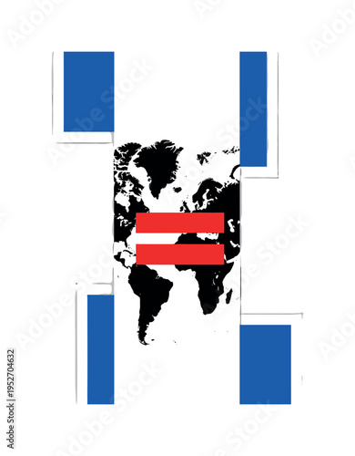 Black and white world map folded like paper with visible crease lines, bright blue geometric circle partially hidden behind the fold, red abstract blocks