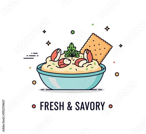 Crab dip creamy seafood appetizer presented in a small bowl with visible crab pieces and a sprig of parsley on top, accompanied by a single cracker leaning