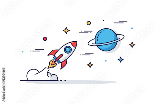 Space exploration future theme illustrated with a small rocket heading toward a distant planet icon, expressing curiosity, expansion, and humanity?s drive to