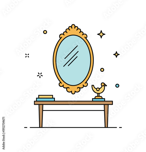 Heritage interior design accent featuring a gilded style mirror outline above a console table with a tiny decorative sculpture. The composition communicates