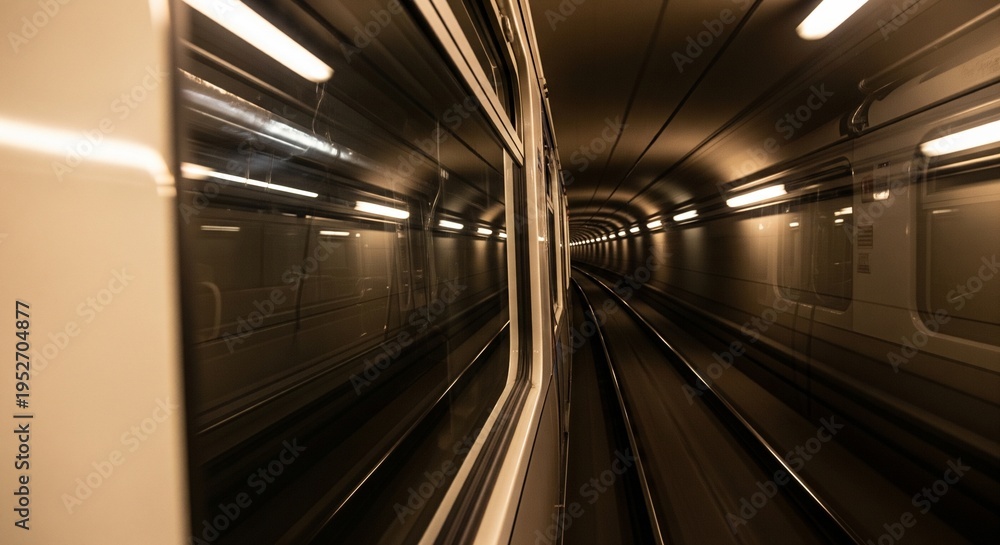 Fototapeta premium A motion-blur perspective shot from a train window looking into a dark subway tunnel with glowing yellow lights.