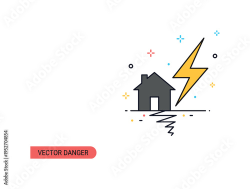 Imminent danger natural disaster alert showing a small house silhouette beside a sharp lightning bolt and subtle shaking lines beneath the ground. A clear and