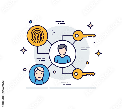 Multi factor authentication concept central user icon connected to fingerprint, face and key symbols, representing layered identity verification for enhanced