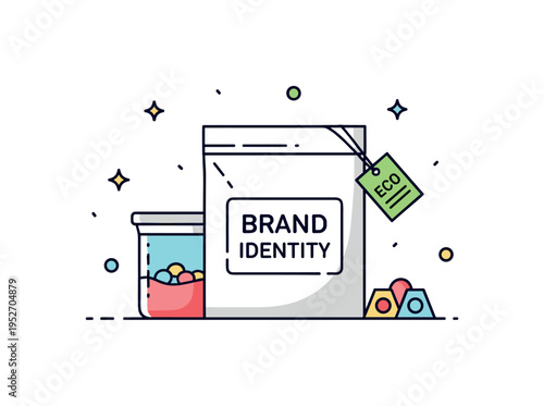 Minimal waste brand identity product package with small eco label and gentle sparkle accents, conveying conscious marketing and sustainable business values.