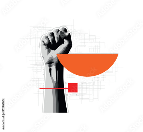 black and white raised female fist in retro photographic style, oversized orange semicircle intersecting the wrist, structured grid lines suggesting social