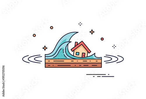 Earthquake wave motion expressed through a small house above layered ground lines with subtle ripple marks spreading outward. The composition suggests natural