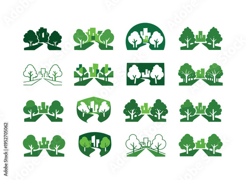 May greenery in urban streets. Icon set. Set Logo of May greenery in urban streets: tree-lined sidewalk. harmonious logo variations of the same emblematic