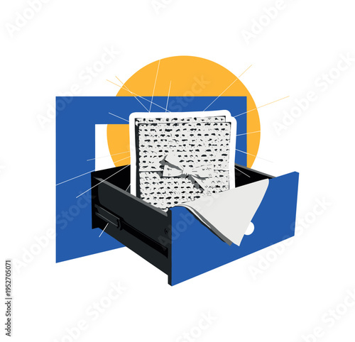 Black and white vintage matzah wrapped in a simple napkin placed partially inside an open drawer, bold blue geometric rectangle forming the drawer structure,