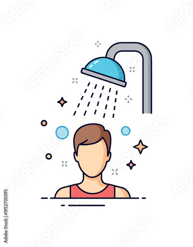 Personal grooming habit simplified shower head with flowing water over a relaxed silhouette, expressing cleanliness, comfort and self respect. Minimalist flat
