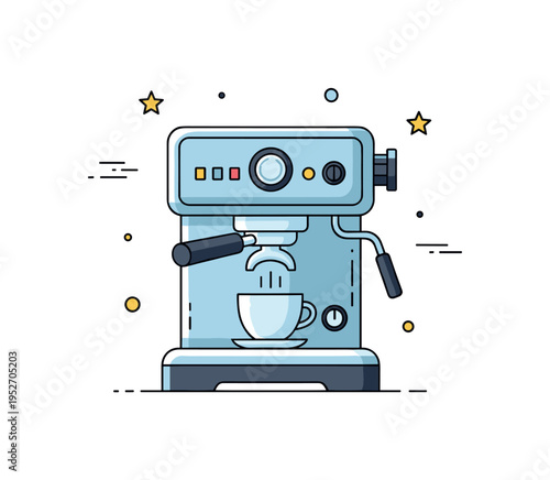 Classic espresso machine display illustrated with a polished vintage style coffee maker and small cup beneath, symbolizing craftsmanship, tradition, and