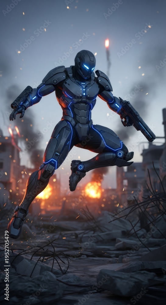 Fototapeta premium Futuristic soldier in powered armor jumping through a war zone. Armed man in high-tech suit at battlefield with fire and smoke. Combat operations in dystopian sci-fi environment concept.