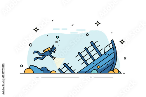 Deep sea wreck exploration compact scene with a small diver silhouette shining a light toward a collapsed ship frame, conveying curiosity and underwater