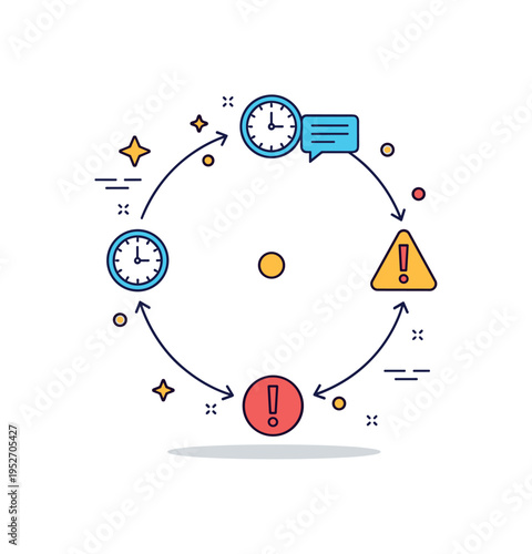 Anxiety cycle circular path formed by small icons of clock, message bubble, and exclamation mark rotating around a central dot, reflecting recurring worries