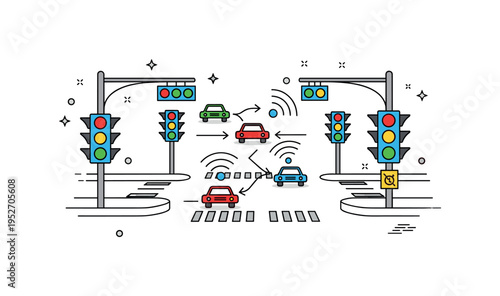 Connected traffic management intersection with sensor equipped traffic lights and small car icons exchanging data signals, symbolizing optimized flow and