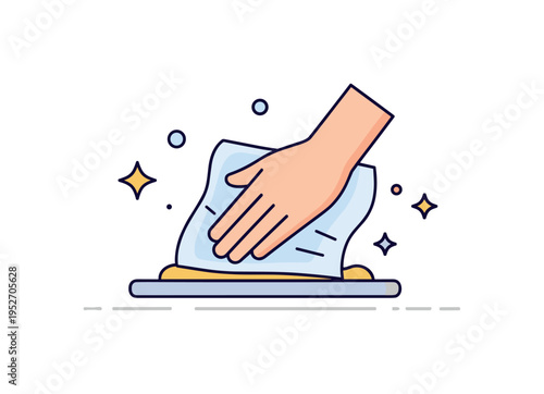 Surface cleaning process illustrated by a simple hand wiping across a flat plane with small sparkle accents, expressing freshness, hygiene, and maintenance. A