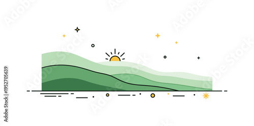 Rolling hills landscape soft layered green hills fading into the distance beneath a small rising sun, expressing calm countryside atmosphere and open natural