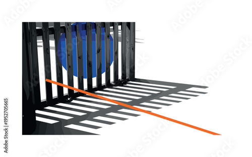 Black and white wooden fence casting long geometric shadow lines across the ground, bright electric blue circle partially hidden behind the upper slats, thin