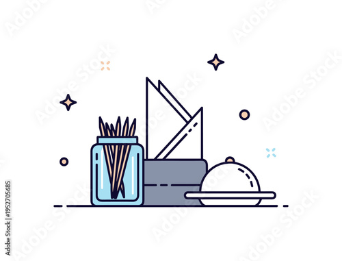 Restaurant table accessory compact glass toothpick jar beside a folded napkin and tiny plate, expressing hospitality and thoughtful service detail. Minimalist