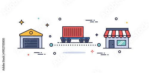 Supply chain flow cargo container moving along a dotted path between warehouse and retail store icons, expressing distribution networks and synchronized
