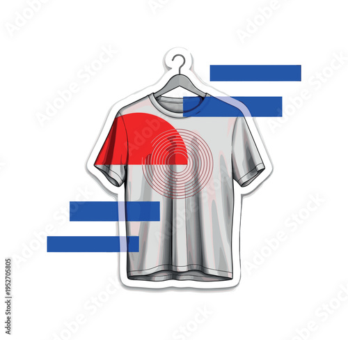 Monochrome T-shirt hanging on a simple hanger, realistic fabric folds in black-and-white, large flat red semicircle intersecting the upper torso area, thin