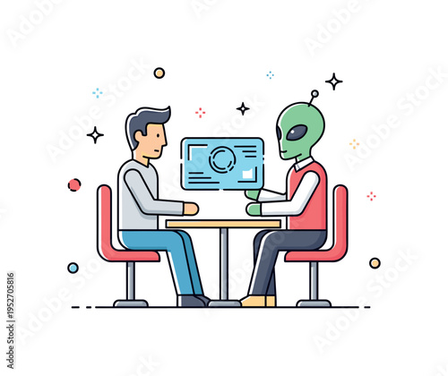 Diplomatic space summit compact scene of a human delegate and alien representative seated at a small round table with hovering holographic interface between