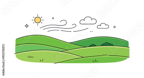 Green fields and fresh air concept. A minimal landscape scene with layered green fields and light motion lines suggesting wind. Feeling of openness, renewal,
